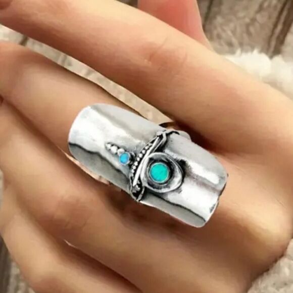 Silver Statement Ring for Women Retro Boho Design with Gemstone Adjustable - Picture 11 of 11